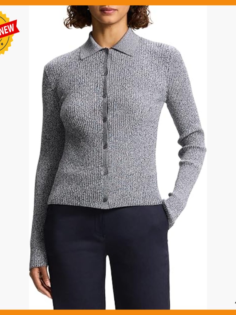 Fitted Polo Cardigan, Marl Rib Knit Sweater, Women's Medium
